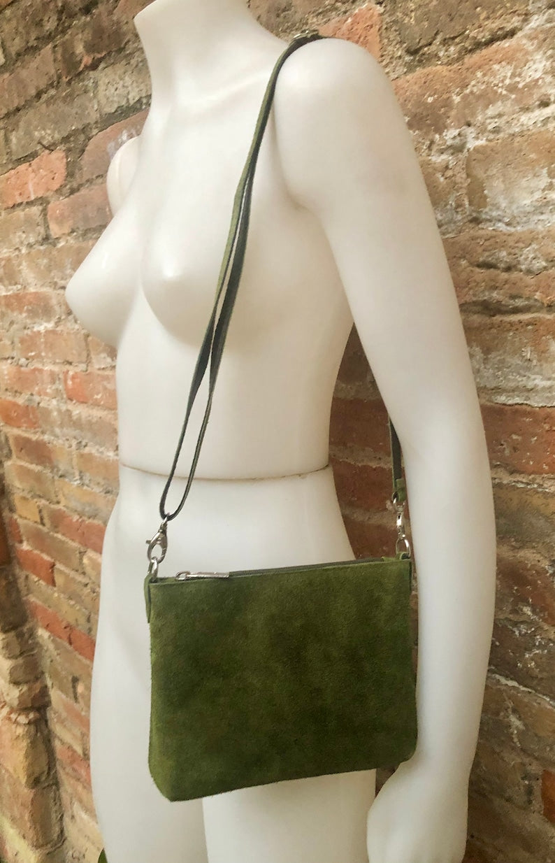 Suede Leather Bag in Moss Green. Cross Body Bag, Shoulder Bag in GENUINE Leather. Small Leather Bag With Adjustable Strap and Zipper.