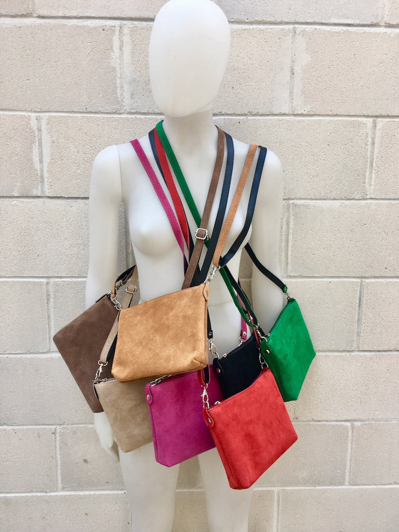 Suede Leather Bag in Moss Green. Cross Body Bag, Shoulder Bag in GENUINE Leather. Small Leather Bag With Adjustable Strap and Zipper.