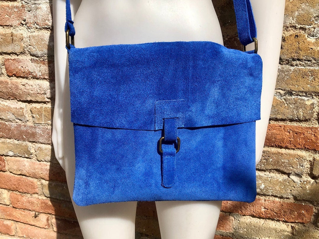 Messenger Bag in Genuine Suede Leather. Bright BLUE Cross Body Bag. Boho Suede Bag With Zipper and Flap. Tablet or Book Bag in BLUE - Etsy