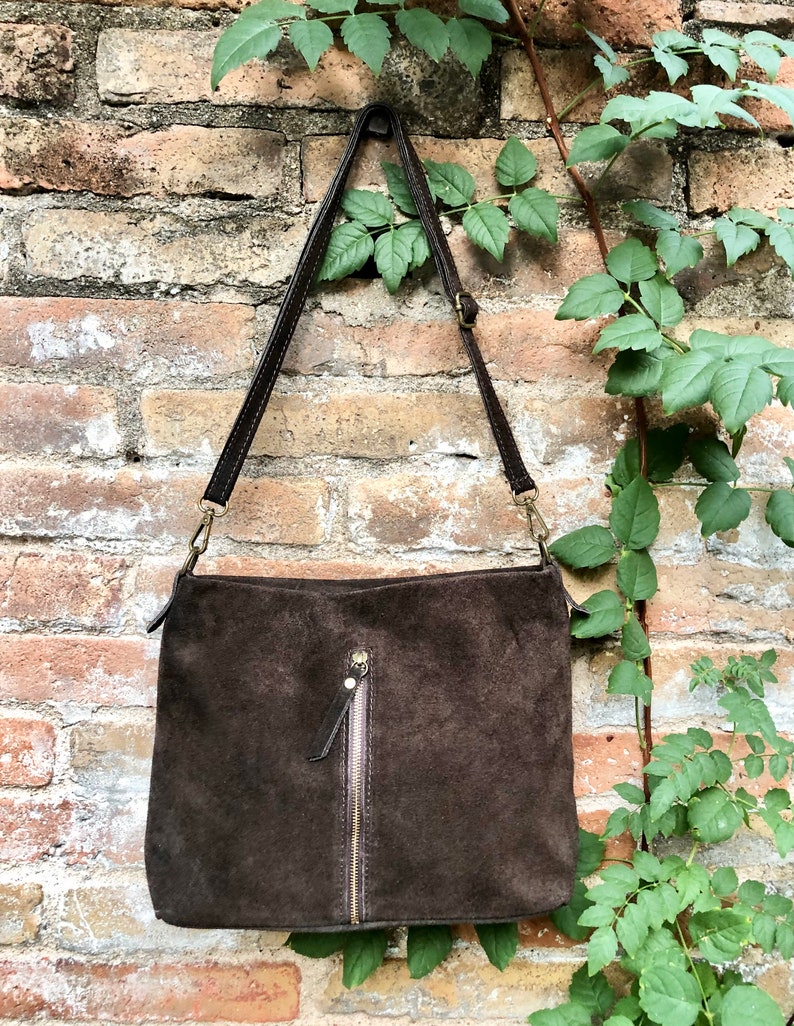 Dark Brown Suede Leather Bag. Boho Messenger Bag. GENUINE LEATHER Cross Body or Shoulder Bag. Brown Suede Leather Purse With Zipper