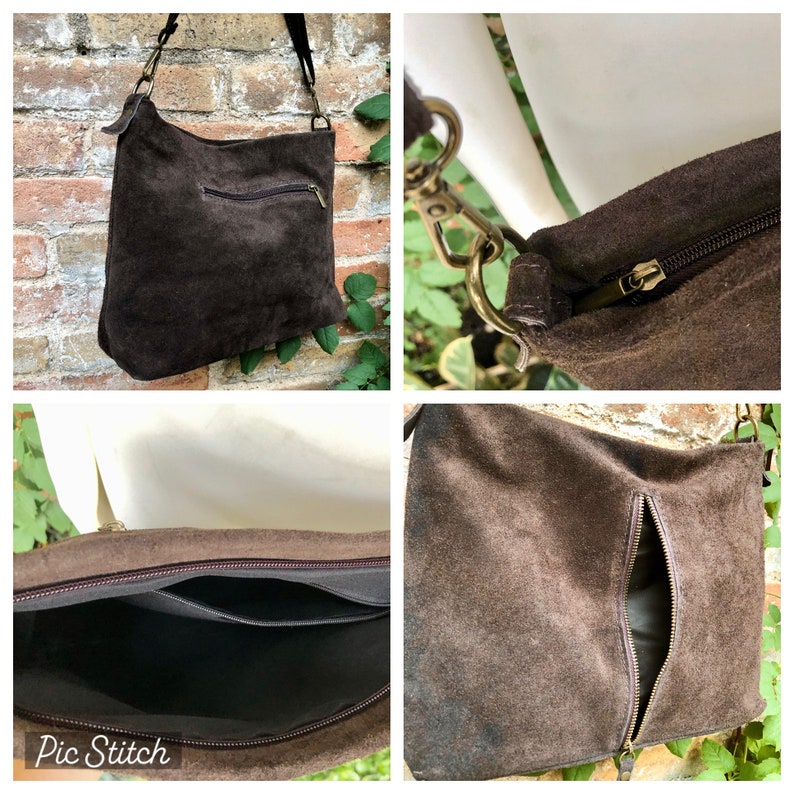 Dark Brown Suede Leather Bag. Boho Messenger Bag. GENUINE LEATHER Cross Body or Shoulder Bag. Brown Suede Leather Purse With Zipper