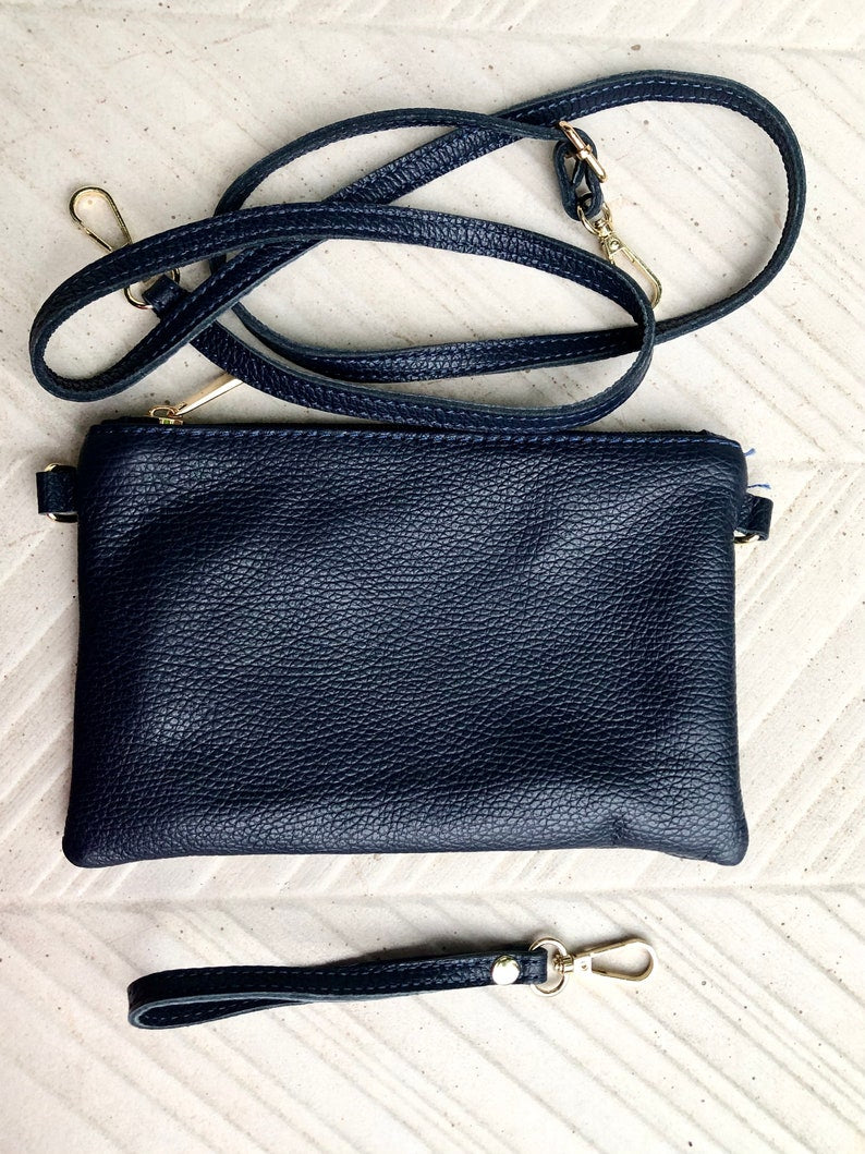 Small Leather Bag in NAVY BLUE .cross Body, Shoulder Bag or Wristlet in GENUINE Leather. Blue Leather Purse + Adjustable Strap - Etsy
