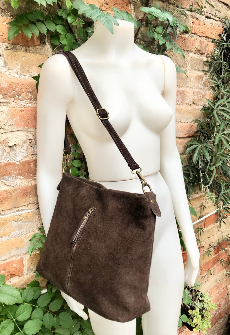 Dark Brown Suede Leather Bag. Boho Messenger Bag. GENUINE LEATHER Cross Body or Shoulder Bag. Brown Suede Leather Purse With Zipper