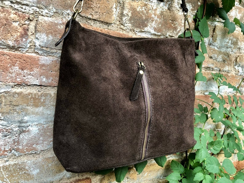 Dark Brown Suede Leather Bag. Boho Messenger Bag. GENUINE LEATHER Cross Body or Shoulder Bag. Brown Suede Leather Purse With Zipper