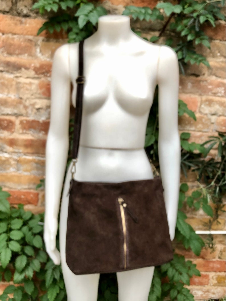 Dark Brown Suede Leather Bag. Boho Messenger Bag. GENUINE LEATHER Cross Body or Shoulder Bag. Brown Suede Leather Purse With Zipper