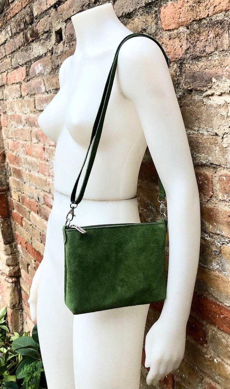 Suede Leather Bag in Moss Green. Cross Body Bag, Shoulder Bag in GENUINE Leather. Small Leather Bag With Adjustable Strap and Zipper.