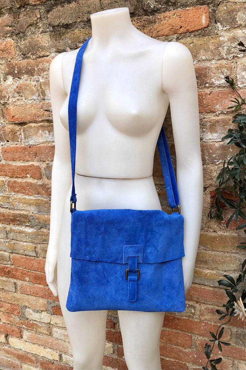 Messenger Bag in Genuine Suede Leather. Bright BLUE Cross Body Bag. Boho Suede Bag With Zipper and Flap. Tablet or Book Bag in BLUE - Etsy