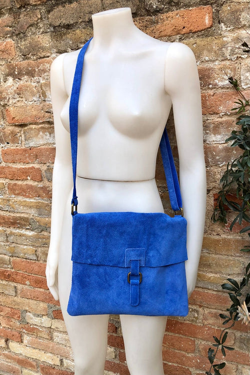 Messenger Bag in Genuine Suede Leather. Bright BLUE Cross Body Bag. Boho Suede Bag With Zipper and Flap. Tablet or Book Bag in BLUE - Etsy