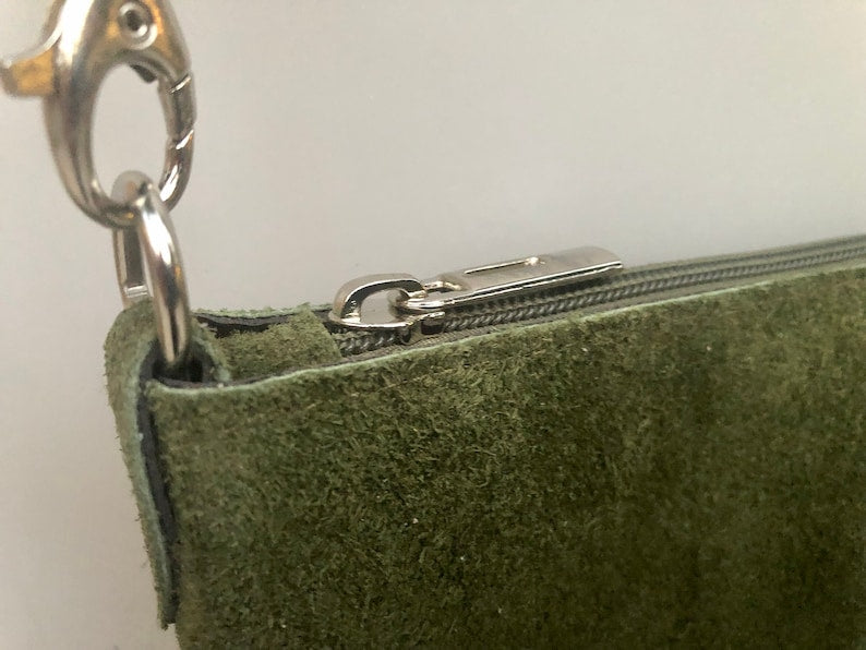 Suede Leather Bag in Moss Green. Cross Body Bag, Shoulder Bag in GENUINE Leather. Small Leather Bag With Adjustable Strap and Zipper.