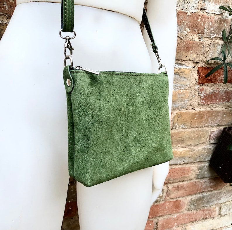 Suede Leather Bag in Moss Green. Cross Body Bag, Shoulder Bag in GENUINE Leather. Small Leather Bag With Adjustable Strap and Zipper.