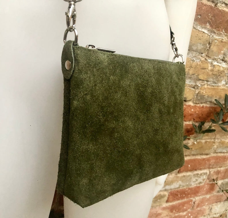 Suede Leather Bag in Moss Green. Cross Body Bag, Shoulder Bag in GENUINE Leather. Small Leather Bag With Adjustable Strap and Zipper.