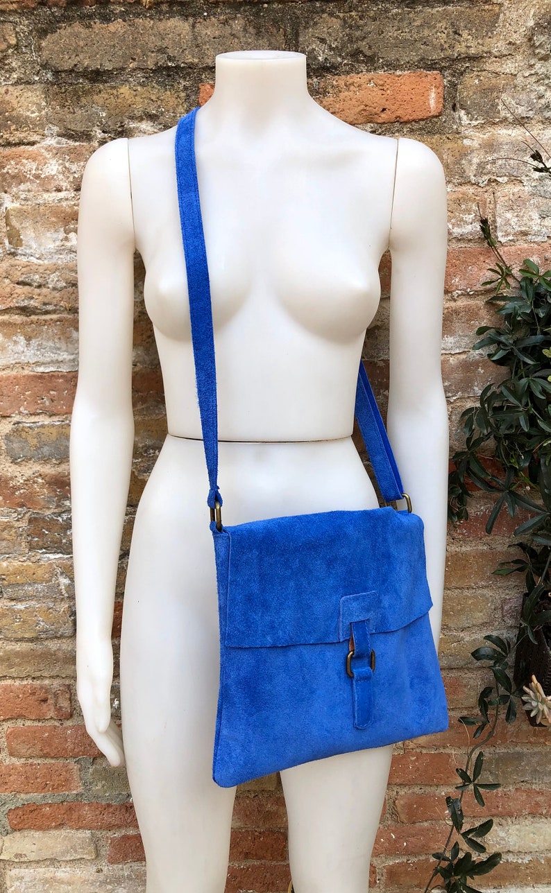 Messenger Bag in Genuine Suede Leather. Bright BLUE Cross Body Bag. Boho Suede Bag With Zipper and Flap. Tablet or Book Bag in BLUE - Etsy