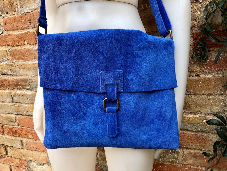 Messenger Bag in Genuine Suede Leather. Bright BLUE Cross Body Bag. Boho Suede Bag With Zipper and Flap. Tablet or Book Bag in BLUE - Etsy
