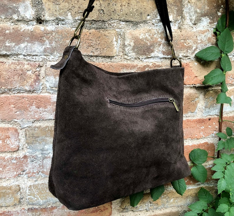 Dark Brown Suede Leather Bag. Boho Messenger Bag. GENUINE LEATHER Cross Body or Shoulder Bag. Brown Suede Leather Purse With Zipper