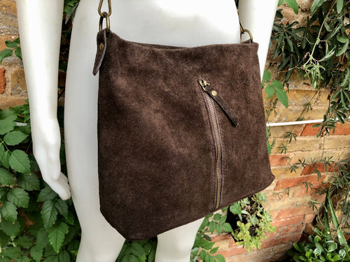 Dark Brown Suede Leather Bag. Boho Messenger Bag. GENUINE LEATHER Cross Body or Shoulder Bag. Brown Suede Leather Purse With Zipper
