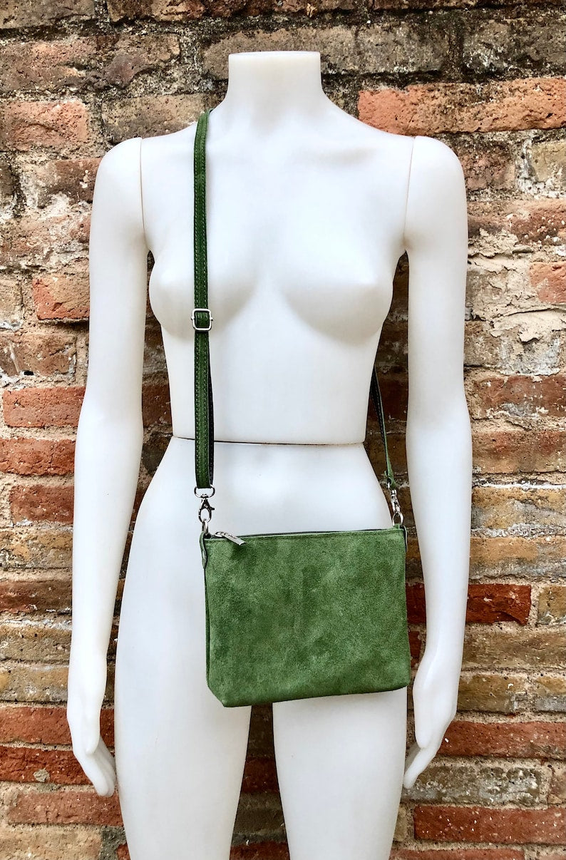 Suede Leather Bag in Moss Green. Cross Body Bag, Shoulder Bag in GENUINE Leather. Small Leather Bag With Adjustable Strap and Zipper.