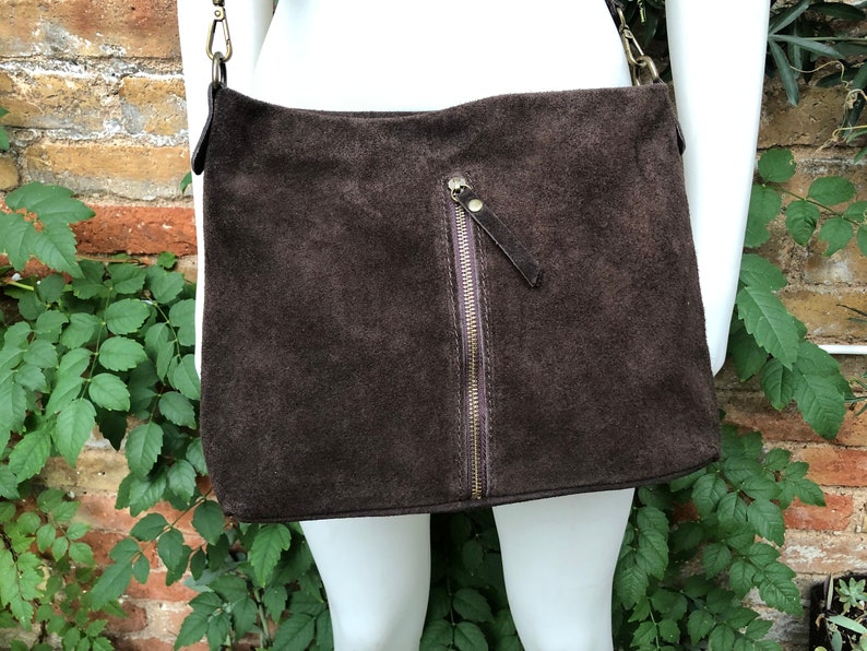 Dark Brown Suede Leather Bag. Boho Messenger Bag. GENUINE LEATHER Cross Body or Shoulder Bag. Brown Suede Leather Purse With Zipper