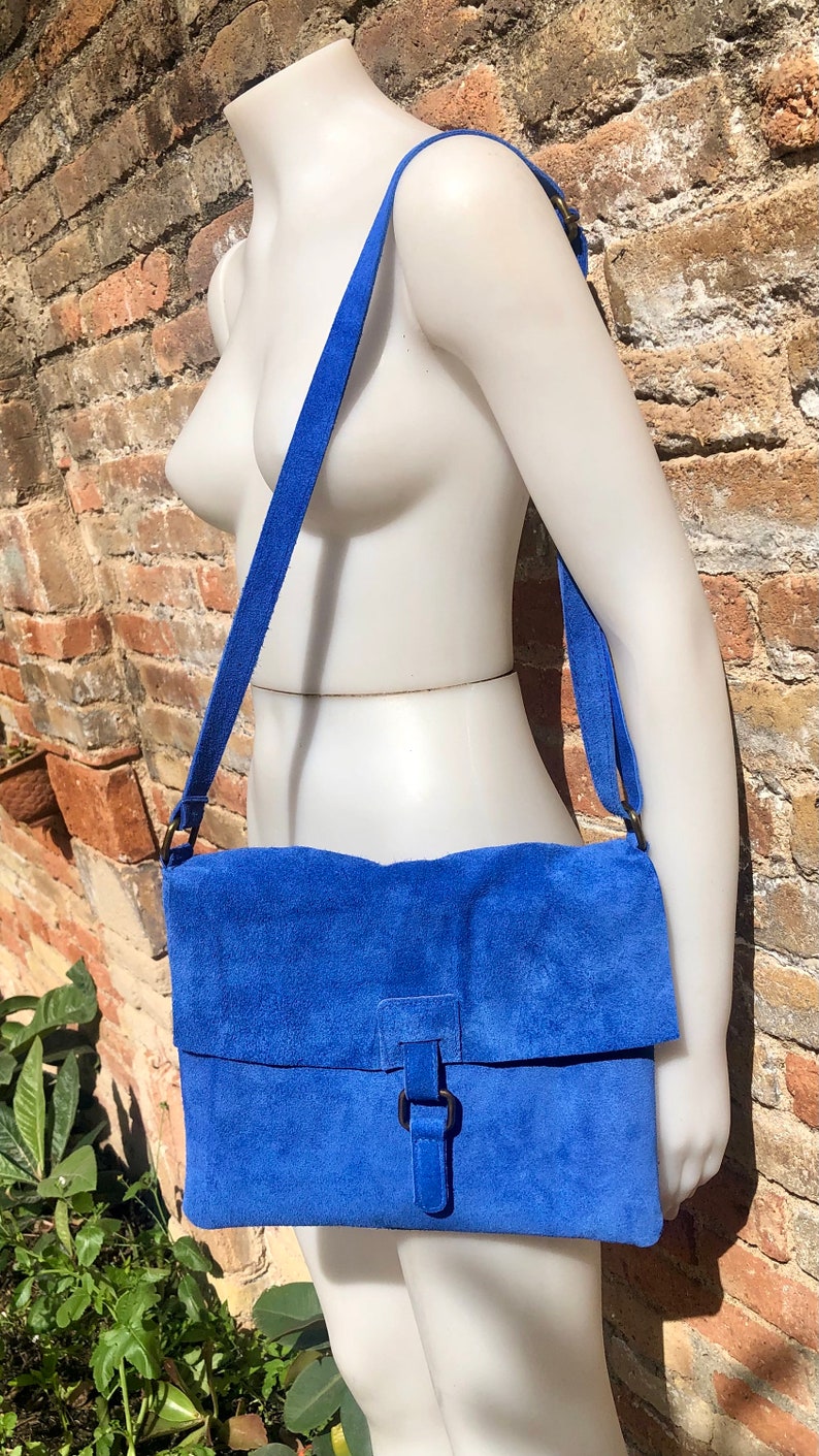 Messenger Bag in Genuine Suede Leather. Bright BLUE Cross Body Bag. Boho Suede Bag With Zipper and Flap. Tablet or Book Bag in BLUE - Etsy