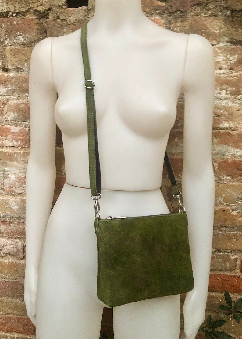 Suede Leather Bag in Moss Green. Cross Body Bag, Shoulder Bag in GENUINE Leather. Small Leather Bag With Adjustable Strap and Zipper.