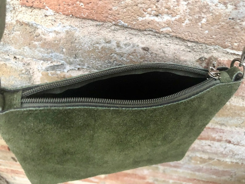 Suede Leather Bag in Moss Green. Cross Body Bag, Shoulder Bag in GENUINE Leather. Small Leather Bag With Adjustable Strap and Zipper.